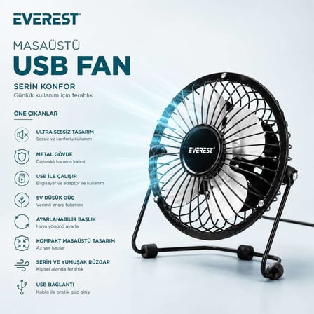 USB Şarjlı Metal Mini Masaüstü Fan 14.5x7.5x15 cm