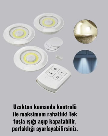Uzaktan Kumanda İle Kontrol Edilebilen Yapışkanlı 3 Lü Kablosuz Led Spot Lamba
