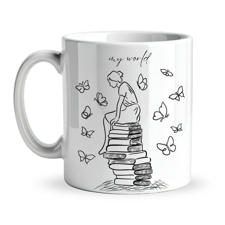 My World Kitap Temalı Tasarım Kupa Model 225 Minimal Baskılı Seramik Kahve Kupası