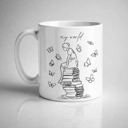 My World Kitap Temalı Tasarım Kupa Model 225 Minimal Baskılı Seramik Kahve Kupası