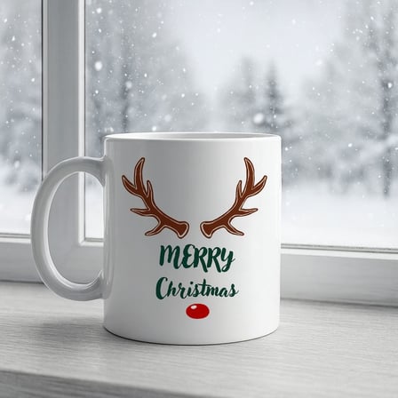 Merry Christmas Yazılı Geyik Boynuzlu Yılbaşı Kupası Model 212 Baskılı Seramik Kahve Kupası
