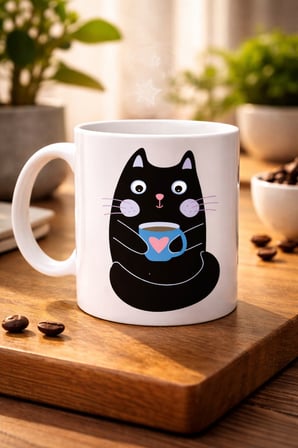 Sevimli Siyah Kedi Baskılı Porselen Kupa MODEL 198 – Kahve İçen Kedi Tasarımlı Kupa Bardak – Kahve S