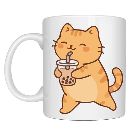 Sevimli Kedi Bubble Tea Tasarımlı Porselen Kupa MODEL 192 – Boba Çayı İçen Kedi Kahve Kupası – Kedi 
