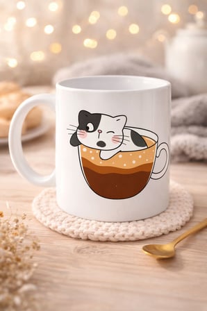 Sevimli Kedi Tasarımlı Porselen Kupa MODEL 195 – Kahve İçinde Kedi Baskılı Porselen Kahve Kupası – K