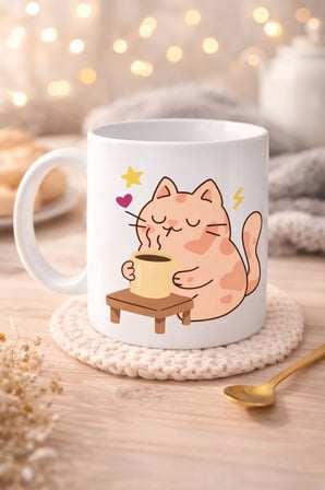 Sevimli Kedi Tasarımlı Porselen Kupa MODEL 196 – Kahve İçen Kedi Baskılı Porselen Kahve Kupası – Ked