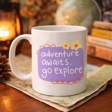 Adventure Awaits Go Explore Yazılı Porselen Kupa MODEL 157 – Motivasyon Temalı, Sevimli Tasarım, Kah