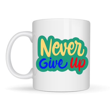 Never Give Up ASLA PES ETME Yazılı Porselen Kupa MODEL 145 – Motivasyon Temalı Renkli Tasarım – Kahv