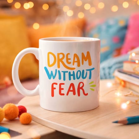 Dream Without Fear Yazılı Porselen Kupa MODEL 139 – Motivasyon Temalı, Renkli Tasarım, Kahve & Çay K