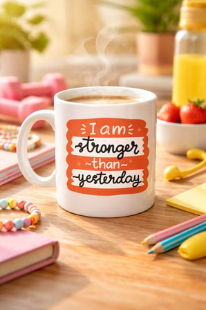 I Am Stronger Than Yesterday Motivasyon Kupası MODEL 136 – İlham Veren Tasarım, Porselen Kahve & Çay
