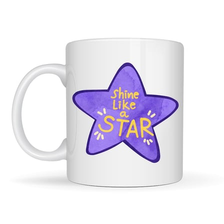 Shine Like a Star – Motivasyon Mesajlı Mor Yıldız Tasarımlı Porselen Kupa MODEL 122, Günlük Kullanım