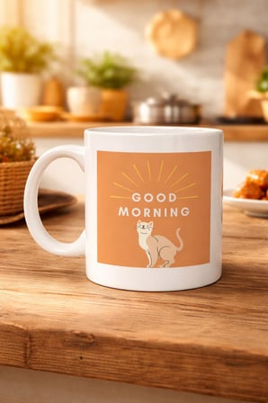 Good Morning Kedi Desenli Porselen Kupa MODEL 72 – Sevimli Kedi Figürlü, Kahve & Çay Kupası, Hediyel