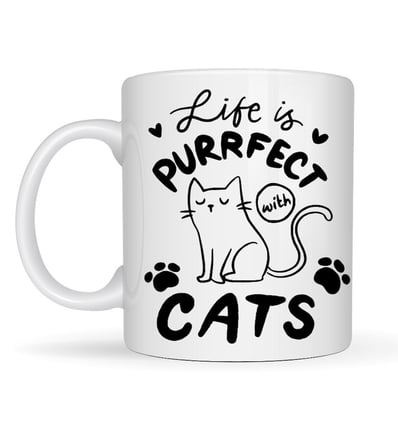 Life is Purrfect with Cats – Kedi Desenli Porselen Kupa MODEL 62 Sevimli Kedi Figürlü Kahve Kupası