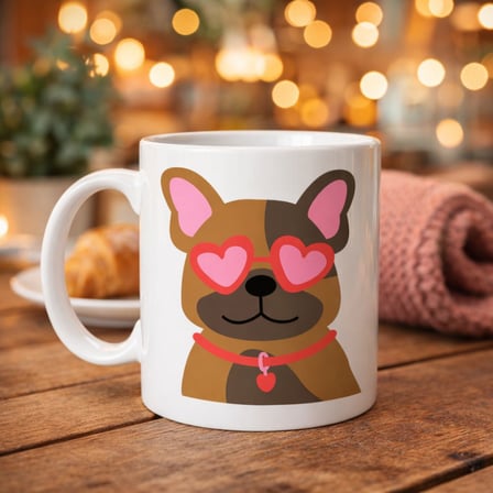 Sevimli French Bulldog Desenli Porselen Kupa Model 48 – Kalpli Gözlüklü Köpek Tasarımı, Hediye Kupa,