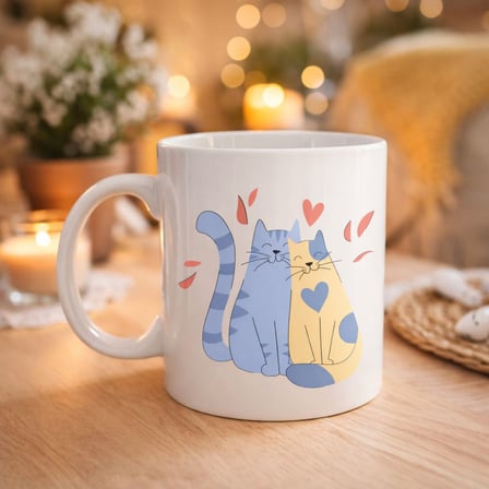 Sevimli Aşık Kediler Desenli Porselen Kupa Model 42 – Love Cats Tasarım Sevgiliye Hediye, Kahve & Ça