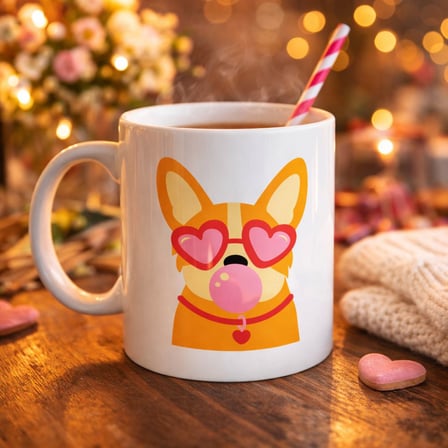Sevimli Corgi Desenli Porselen Kupa Model 44 – Kalpli Gözlüklü Köpek Tasarımlı, Eğlenceli & Hediye F