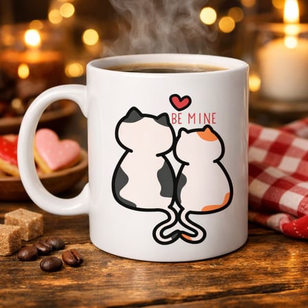 Be Mine Sevimli Kedili Porselen Kupa Model 40 – Aşık Kediler Tasarımlı Sevgiliye Özel Kahve Kupası