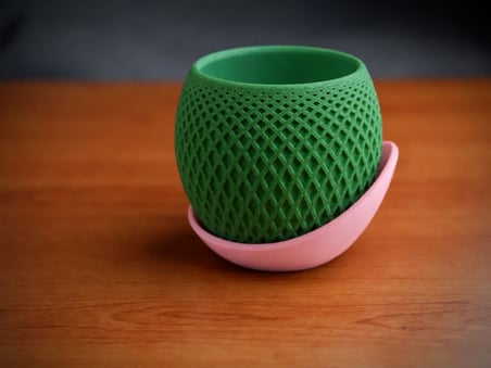 3D Baskı Küre Saksı - Kafes Dokulu İki Parçalı Dekoratif Saksı - Yeşil-Pembe