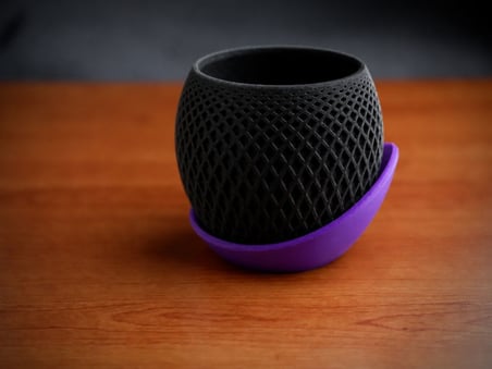 3D Baskı Küre Saksı - Kafes Dokulu İki Parçalı Dekoratif Saksı - Siyah-Mor