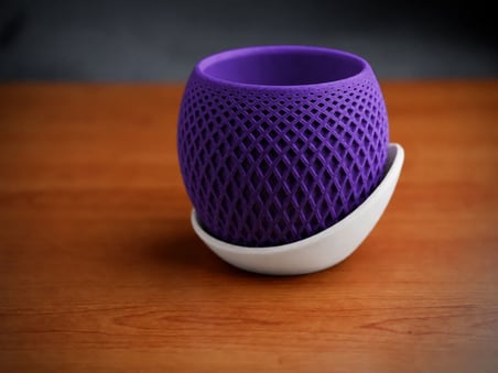 3D Baskı Küre Saksı - Kafes Dokulu İki Parçalı Dekoratif Saksı - Mor-Beyaz