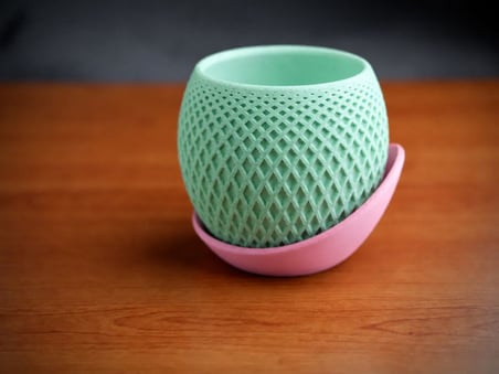 3D Baskı Küre Saksı - Kafes Dokulu İki Parçalı Dekoratif Saksı - Mint-Pembe