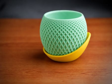 3D Baskı Küre Saksı - Kafes Dokulu İki Parçalı Dekoratif Saksı - Mint-Sarı