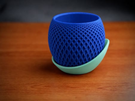 3D Baskı Küre Saksı - Kafes Dokulu İki Parçalı Dekoratif Saksı - Mavi-Mint