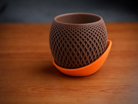 3D Baskı Küre Saksı - Kafes Dokulu İki Parçalı Dekoratif Saksı - Kahverengi-Turuncu