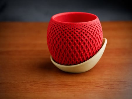 3D Baskı Küre Saksı - Kafes Dokulu İki Parçalı Dekoratif Saksı - Kırmızı-Bej