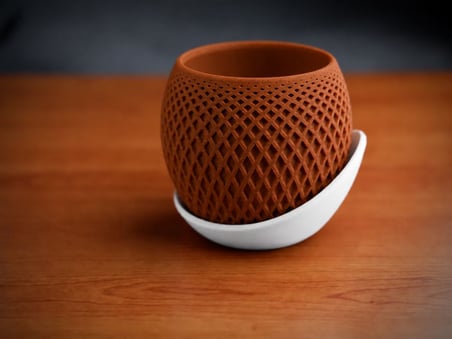 3D Baskı Küre Saksı - Kafes Dokulu İki Parçalı Dekoratif Saksı - Kahverengi-Beyaz