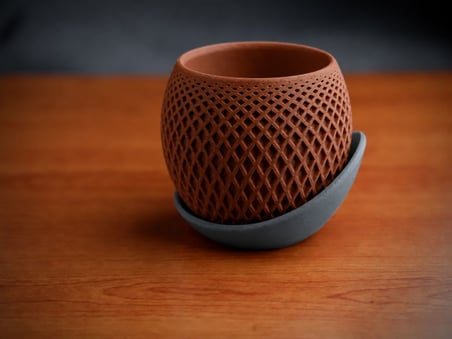 3D Baskı Küre Saksı - Kafes Dokulu İki Parçalı Dekoratif Saksı - Kahverengi-Gri