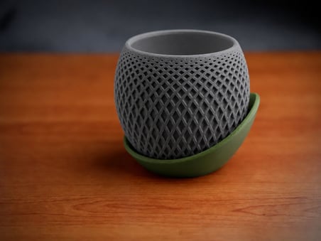 3D Baskı Küre Saksı - Kafes Dokulu İki Parçalı Dekoratif Saksı - Gri-Yeşil