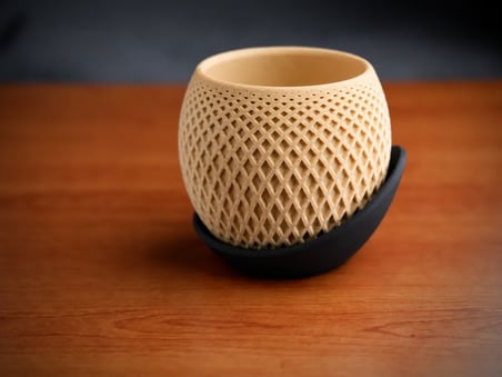 3D Baskı Küre Saksı - Kafes Dokulu İki Parçalı Dekoratif Saksı - Bej-Siyah