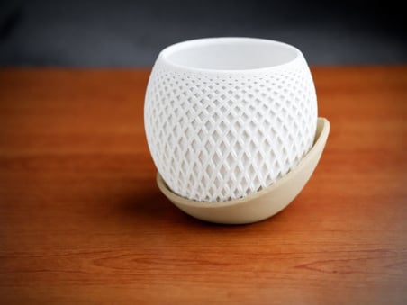 3D Baskı Küre Saksı - Kafes Dokulu İki Parçalı Dekoratif Saksı - Beyaz-Bej