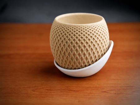 3D Baskı Küre Saksı - Kafes Dokulu İki Parçalı Dekoratif Saksı - Bej-Beyaz