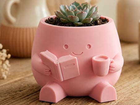 3D Baskı Kitap Okuyan Saksı - Kupa Tutan Sevimli Saksı-Pembe