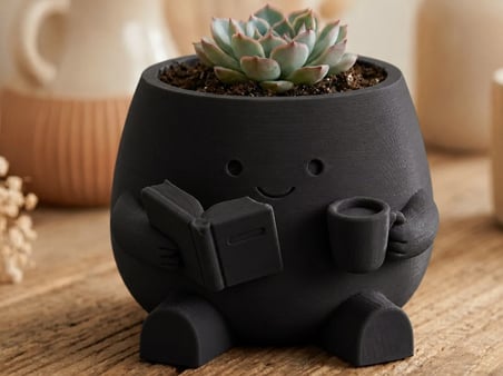 3D Baskı Kitap Okuyan Saksı - Kupa Tutan Sevimli Saksı-Siyah