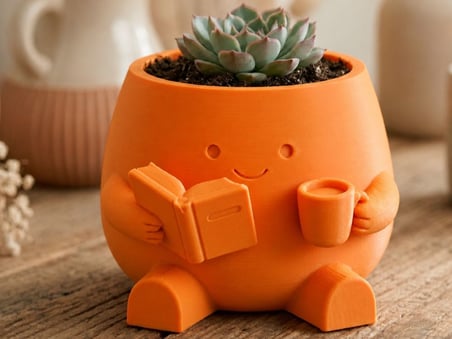 3D Baskı Kitap Okuyan Saksı - Kupa Tutan Sevimli Saksı-Turuncu