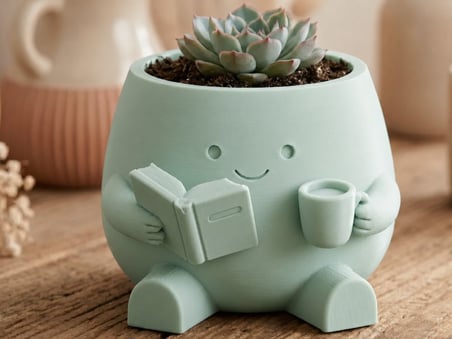 3D Baskı Kitap Okuyan Saksı - Kupa Tutan Sevimli Saksı-Mint