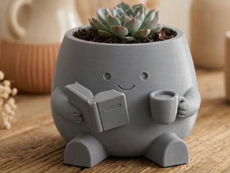 3D Baskı Kitap Okuyan Saksı - Kupa Tutan Sevimli Saksı-Gri