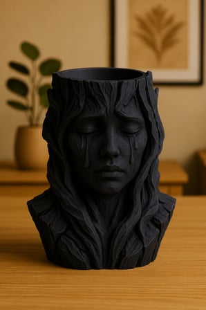 3D Baskı Ağlayan Kadın Büst Saksı - Sanatsal Dekoratif Saksı - Siyah