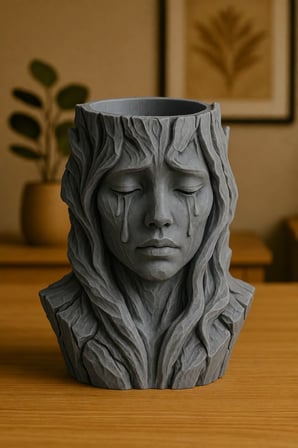 3D Baskı Ağlayan Kadın Büst Saksı - Sanatsal Dekoratif Saksı - Gri