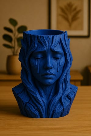 3D Baskı Ağlayan Kadın Büst Saksı - Sanatsal Dekoratif Saksı - Mavi