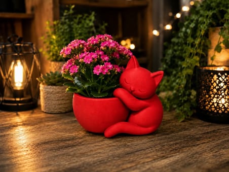 3D Baskı Sarılan Kedi Saksı - Sevimli Dekoratif Saksı - Kırmızı