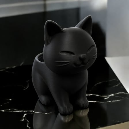 3D Baskı Sevimli Kedi Saksı - Figürlü Sukulent Saksısı-Siyah