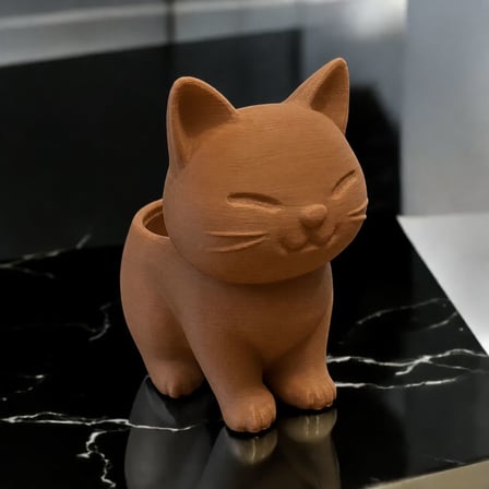 3D Baskı Sevimli Kedi Saksı - Figürlü Sukulent Saksısı-Kahverengi