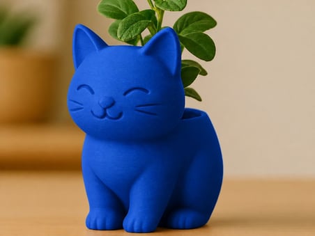 3D Baskı Sevimli Kedi Saksı - Figürlü Sukulent Saksısı-Mavi