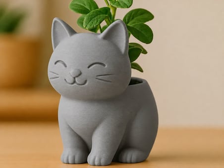 3D Baskı Sevimli Kedi Saksı - Figürlü Sukulent Saksısı-Gri