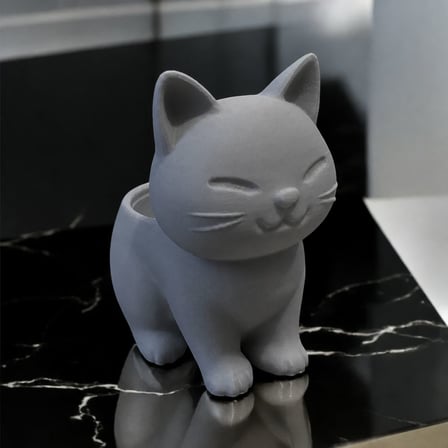 3D Baskı Sevimli Kedi Saksı - Figürlü Sukulent Saksısı-Gri