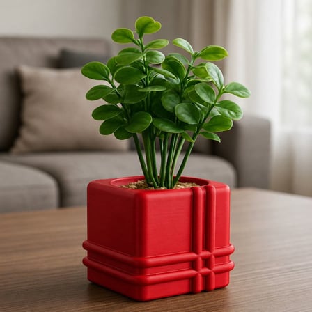 3D Baskı Square Planter - Izgara Desenli Küp Saksı-Kırmızı