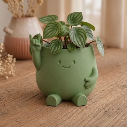 3D Baskı Smiley Face Planter - Gülümseyen Karakterli Saksı-Yeşil